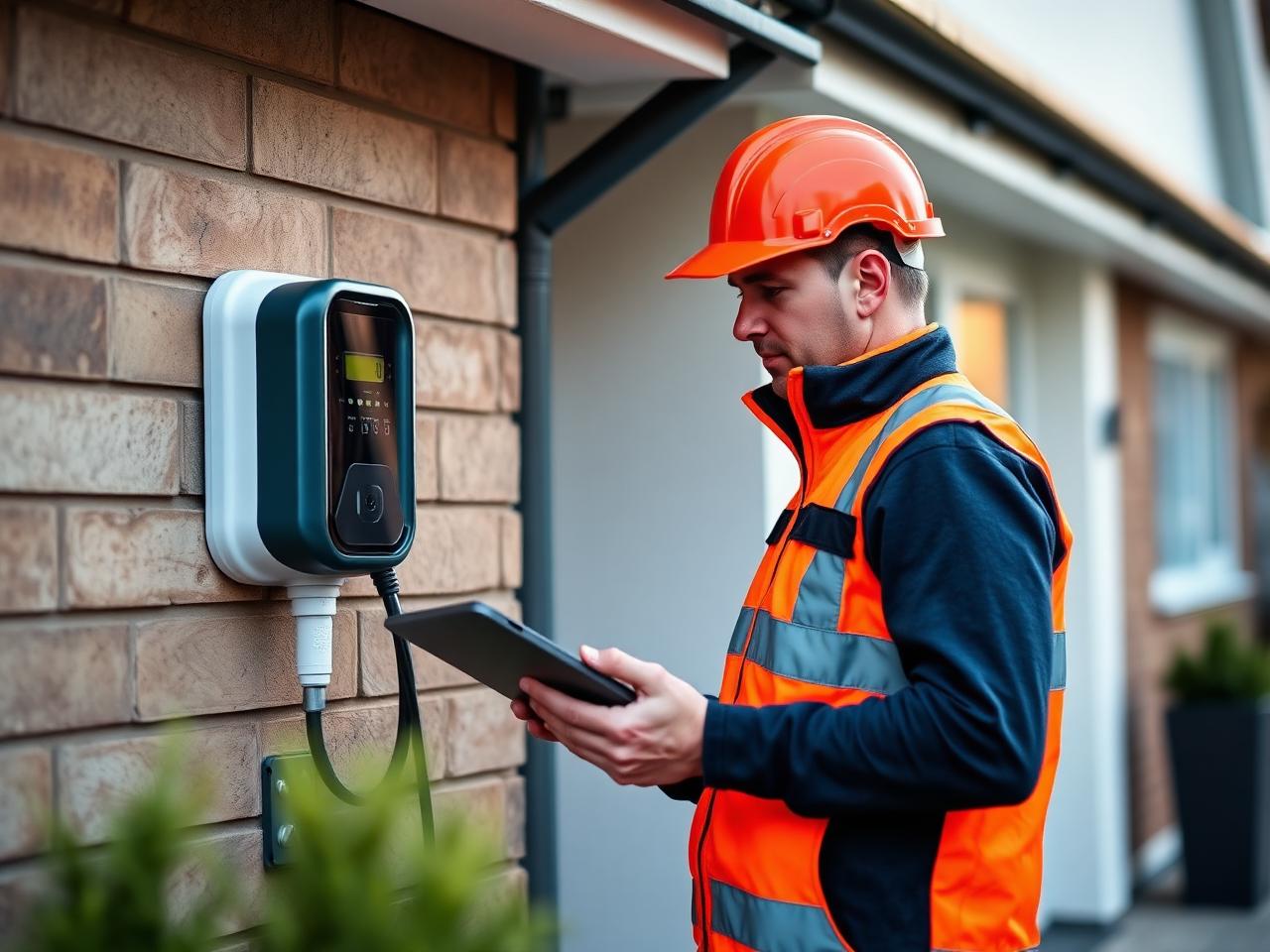 Installer commissioning a home EV charge point using a tablet