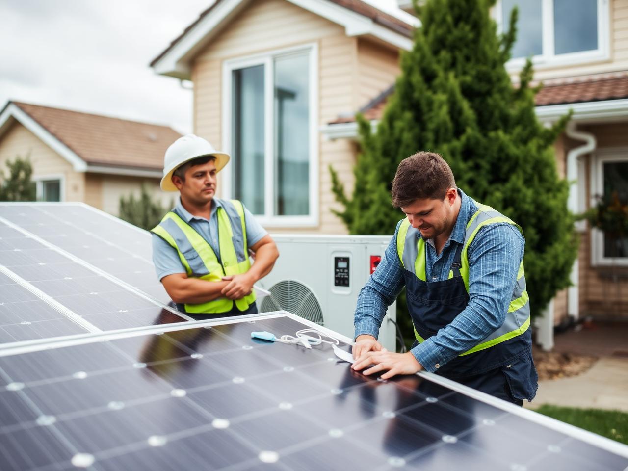 Engineers fitting solar panels and a heat pump at a domestic property